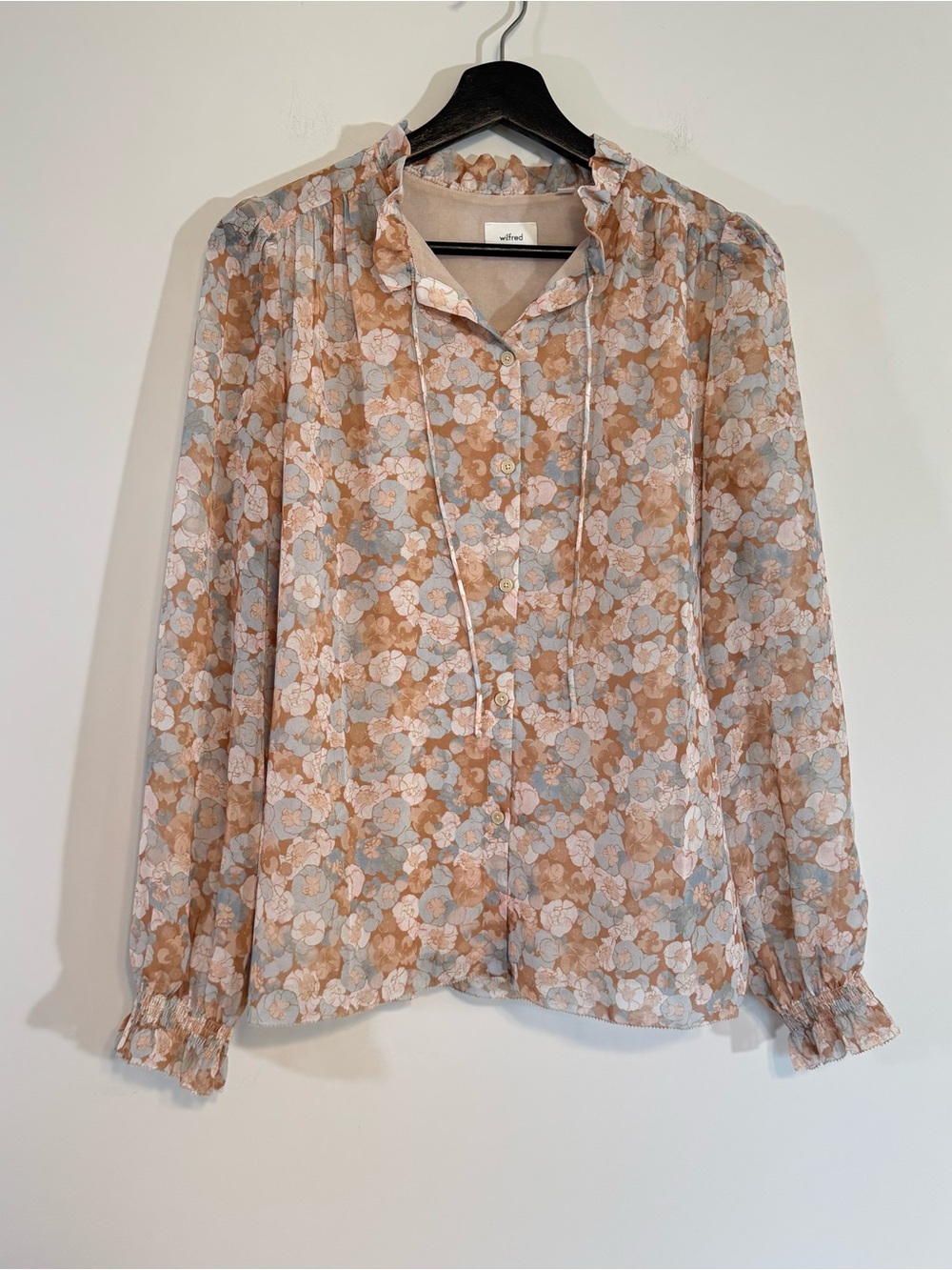 Wilfred Free Alexis Blouse by Aritzia Floral Ruffle Button Front Long Sleeve Top